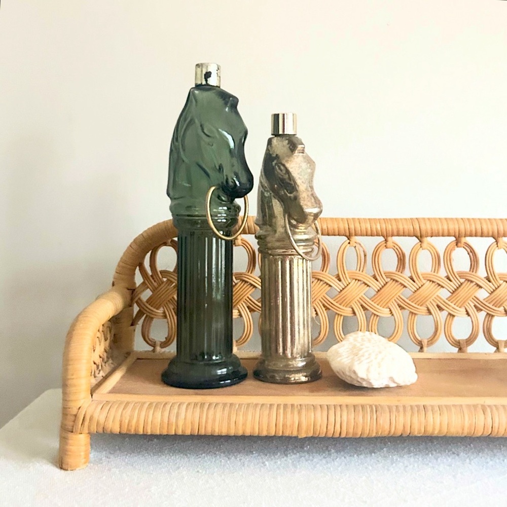 Vintage Horse Head Glass and Metal Bottle Set